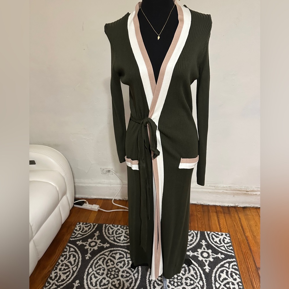 Green and white + cream striped long sleeve cardigan dress